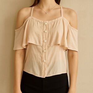 Vivienne Hu Crop Satin Off the Shoulder Pearl Buttoned Top Size 8
